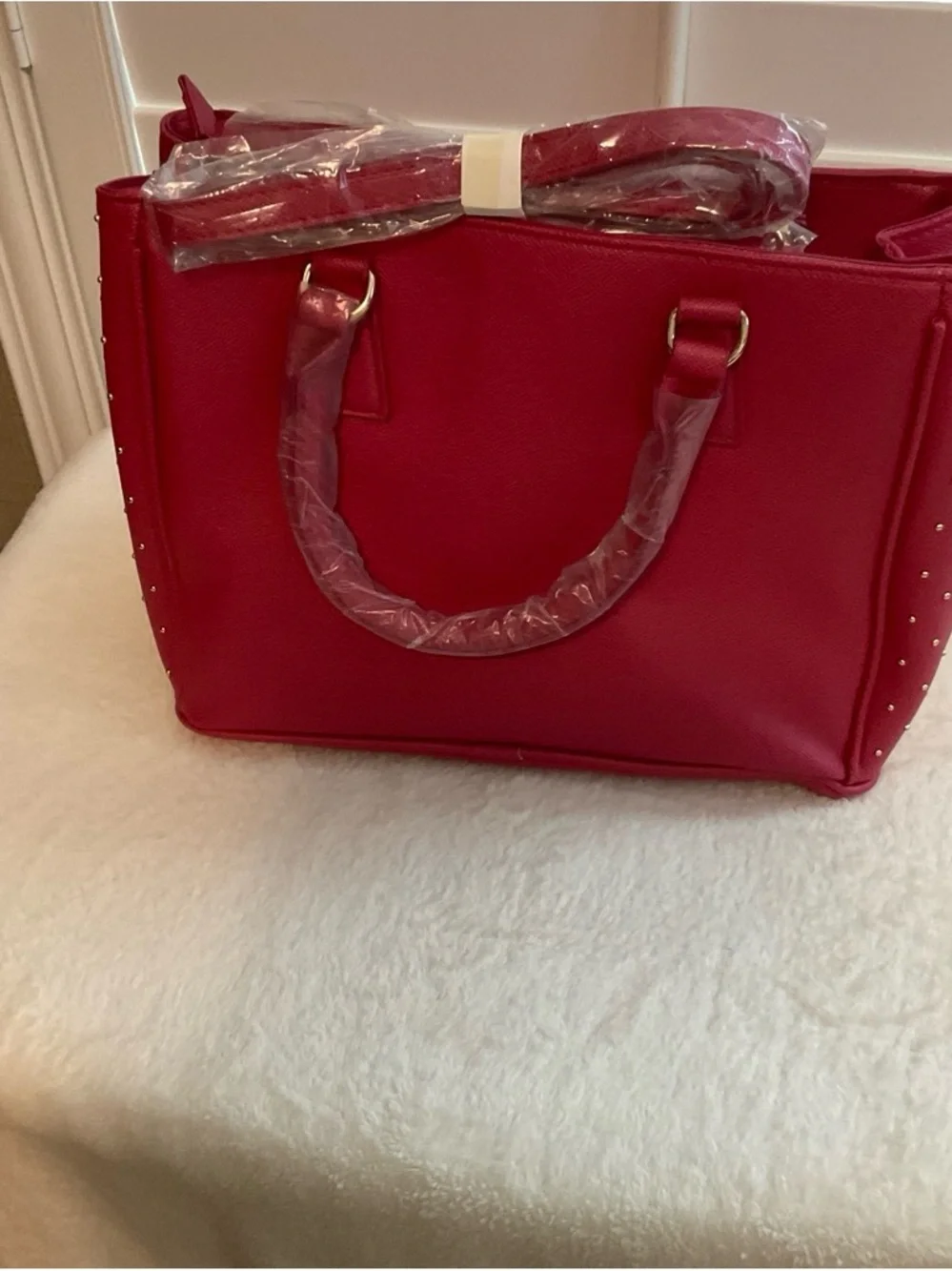 bebe Hot Pink Studded Satchel with Gold Hardware